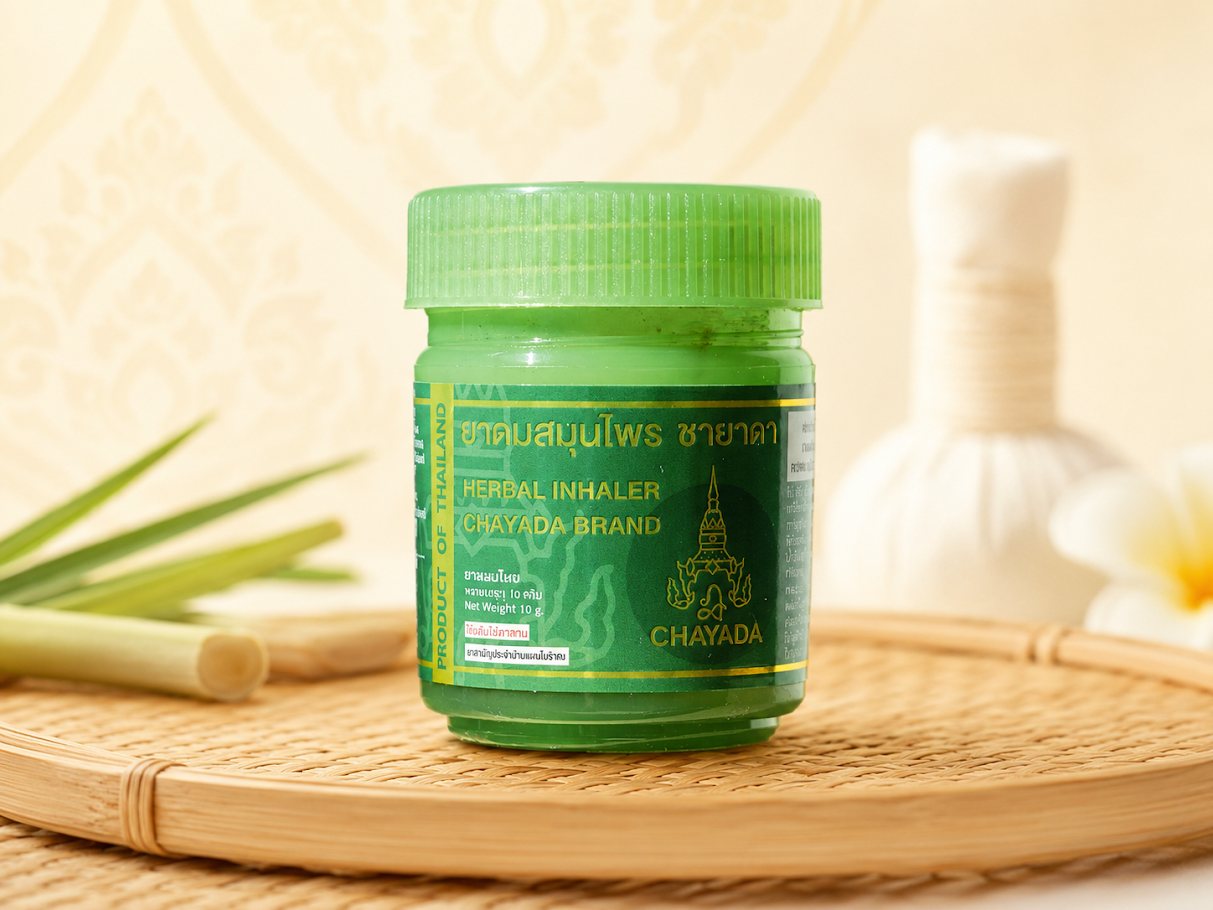 Chayada Herbal Inhaler on a rattan tray with lemongrass and a Thai herbal compress